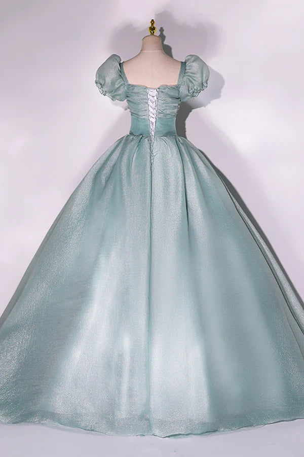 Wholesale Green Tulle Long A-Line Prom Dress Cute Short Sleeve Evening Party Dress